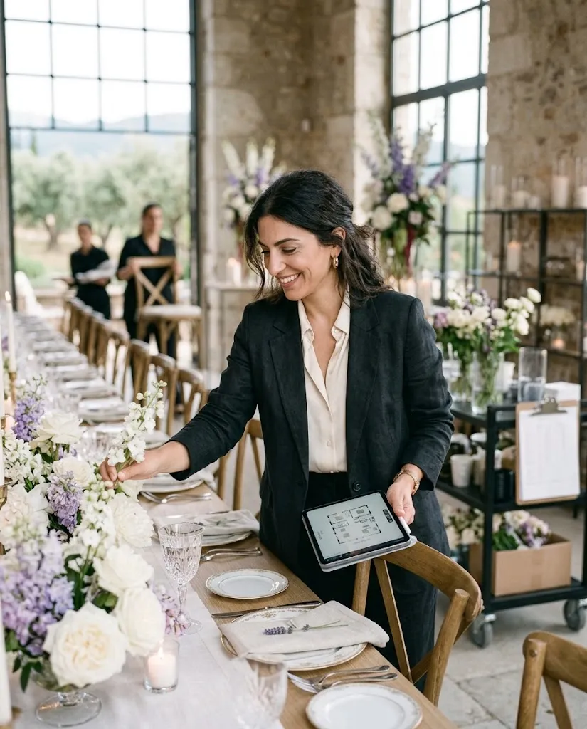 Event manager στήνει τραπέζι πριν από εκδήλωση