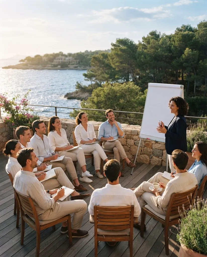 Εταιρικό retreat σε παραθαλάσσιο resort, ομάδα σε ημικύκλιο με facilitator