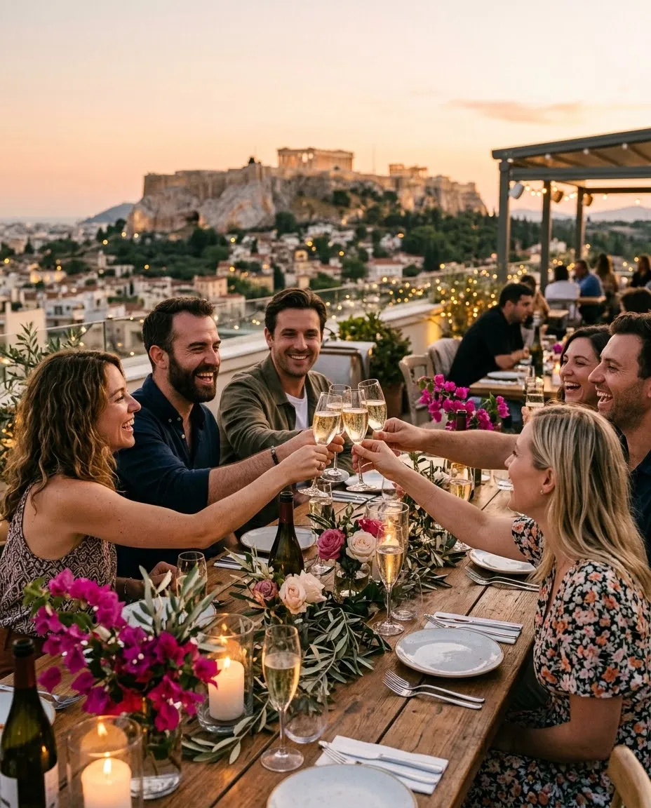 Παρέα κάνει πρόποση σε βραδινό πάρτι σε ταράτσα στην Αθήνα