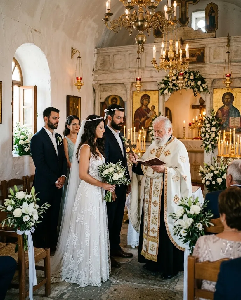Θρησκευτικός γάμος σε εκκλησάκι με στέφανα